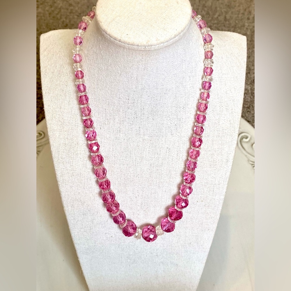 Vintage 14K Gold Clasp Pink Crystal Glass Bead Necklace